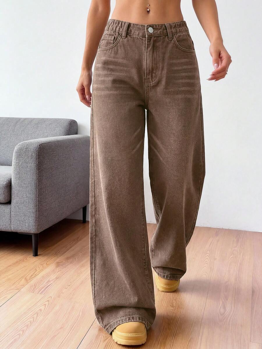 少女牛仔裤，春夏新款，四季皆宜，宽松阔腿水洗牛仔裤，舒适棉质面料，适合上学、通勤、聚会、日常户外活动 - 咖啡棕 - 查看 1