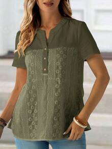 EMERY ROSE 女士夏季棉质刺绣V领短袖衬衫 春季女装 - 軍綠色 - 查看 6