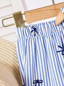 SHEIN Baby Girl Striped Bow Tie Front Sleeveless Shirt And Pants Set - Blue and White - View 5