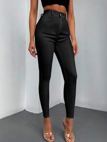 SHEIN Calça jeans skinny, cintura alta, tamanho grande, com elastano. - Preto - Ver 6