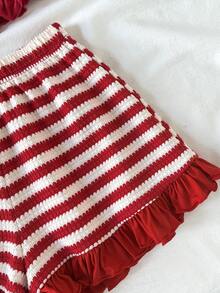 SHEIN 少女夏季宽松休闲舒适圆领无袖开襟蝴蝶结荷叶边红白条纹背心短裤套装，适合海滩、邮轮、嘉年华、复活节等场合。 - 紅白色 - 查看 5