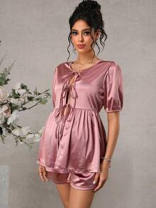 Momance Solid Color Elegant Tie-Up Casual & Comfortable Maternity 2 Pieces Set - Pink - View 1