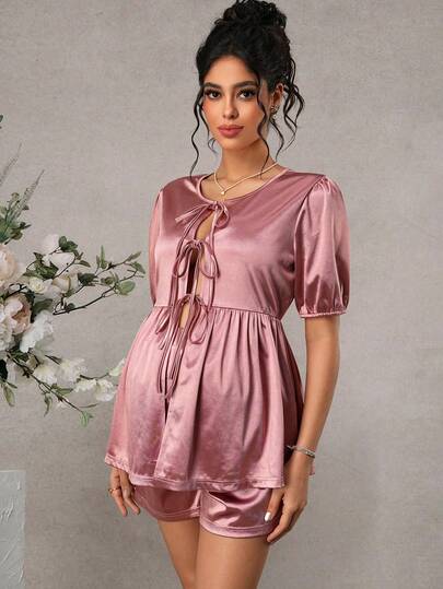 Momance 纯色优雅系带休闲舒适孕妇两件套