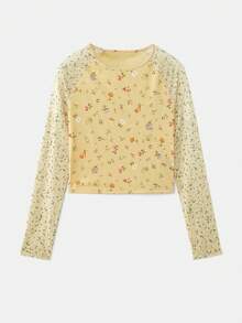 lacRébo Butter Yellow Floral Print Mesh Top With Contrast Long Sleeves Spring Summer Vacation French Style Parisian Style - Yellow - View 6