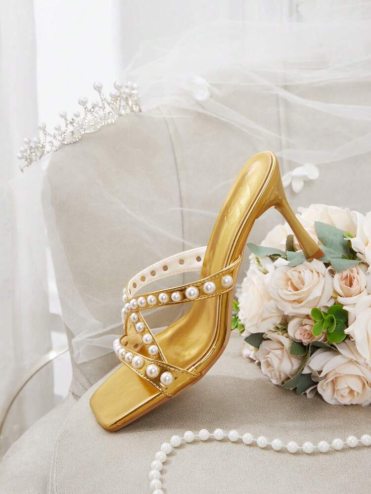 CUCCOO HITCHD Women Shoes Summer Summer Faux Pearl Cross Strap Decorative Square Heel Slip-On 8.5cm Women's High Heel Sandals Elegant Solid Color Women's Shoes Daily Party Dating Wear Wedding Shoes Summer Shoes Bride Shoes
