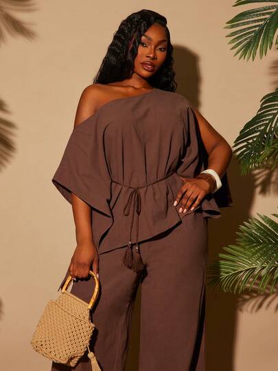 Radiana Plus Size Women's Casual Elegant 2-Piece Set: Asymmetric Cold-Shoulder Top + Matching Pants, Suitable For Everyday Wear, Music Festival, Versatile, Coachella, BOHO, Bohemian, Outing, Resort, Beach Vacation, Holiday, Seaside, Western Wear, Concert, Carnival Party, Richly Layered, Date Night, Ibiza, Nashville, Break, Modest, Chic, Club, Cute, Casual, Shopping, Streetwear, Going Out, Easy To Match & Looks Slim, Accent Your Body, Flatter The Figure