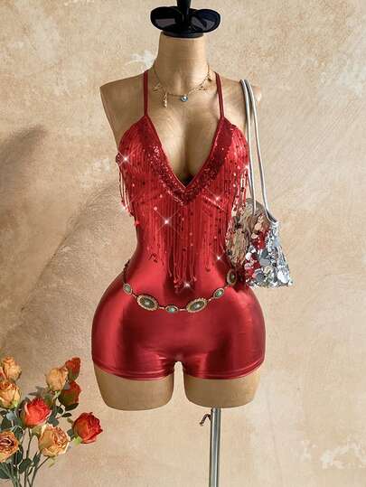 Soleia New Sequin Tassel Backless Bandage Jumpsuit, Women's Party Dress, Sexy For Beach, Date, Wedding, Holiday, Boho Vacation, Music Festival, Can Be Worn Inside Or Outside, Suitable For All Seasons