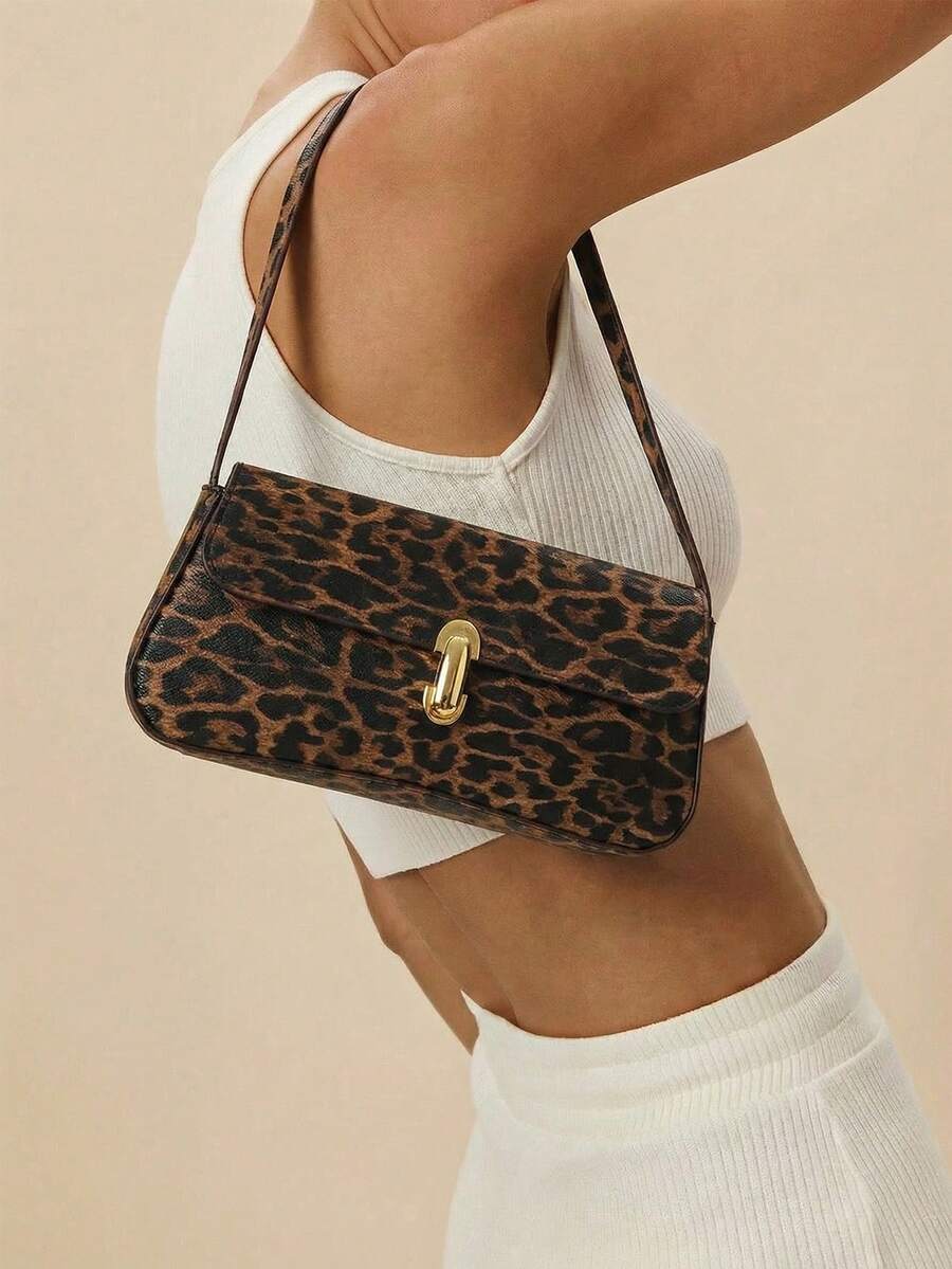 Glamine Retro Colorblock Leopard Print Elegant Shoulder/Underarm Bag, Women's Leopard Print Handbag, Leopard Print Makes A Comeback - Coffee - View 1