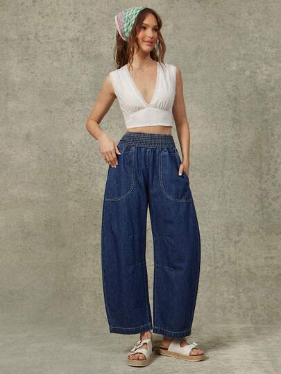 WESTFADE 褶皱腰身宽松100%纯棉牛仔七分裤，筒状裤腿，适合春季、夏季、度假、休闲、海滨牛仔风、波西米亚风、农贸市场、假期、海滩、节日、西部风格穿着。