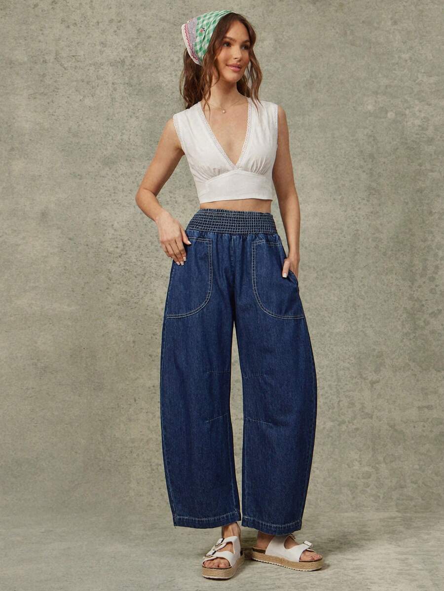 WESTFADE Navy Blue 100% Cotton Denim Jeans,Smocked Waist Relaxed Cropped Barrel Leg Pants For Summer,Boho,Vacation,Resort Wear,Coastal Cowgirl,Western Wear - Dark Wash - View 1