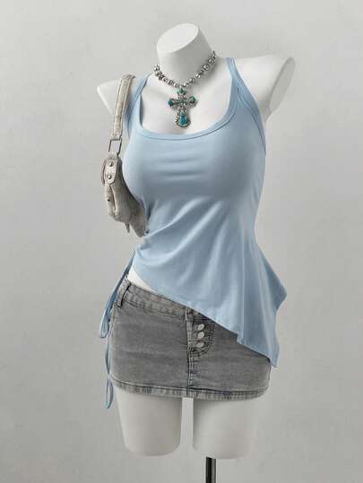 Sunspun Plus Size Women Solid Color Side Drawstring Asymmetric Hem Tank Top