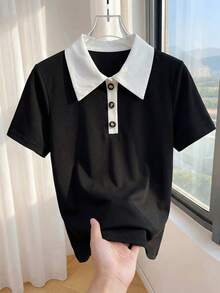 Franclia Áo thun nữ tay ngắn cổ polo phối màu tương phản, kiểu dáng thường ngày, đa năng. - trắng - Xem 3