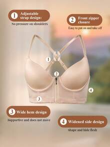 DesireSculpt 1pc Women's Underwire Casual Comfortable Gather Zipper Front Closure Bra With Adjustable Straps - Apricot - View 9
