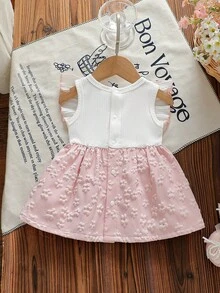 SHEIN Robe blanche sans manches pour bébé fille nouveau-né avec col en dentelle, patchwork rose et nœud. Nouvelle robe élégante, rétro et mignonne en tissu confortable - Rose pâle - Voir 3