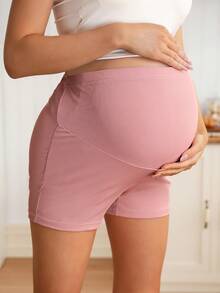 SHEIN Solid Color Minimalist Pleated Design Maternity Leggings - Pink - View 2