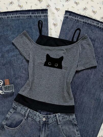 Sparklyn 少女休闲二合一街头风T恤，这款T恤采用猫咪图案印花，露肩短袖设计，适合夏季休闲活动、购物和拍照。