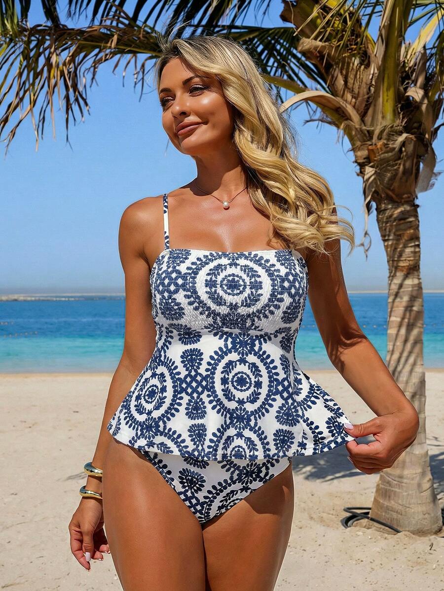 Swim Lushoire 2026年热销两件式女士吊带泳衣，无肩带露背设计，收腰显瘦，几何印花图案，波西米亚风格，适合海滩、泳池派对、春夏度假 - 藍色 - 查看 1