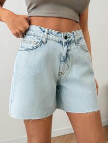 Daily Casual Mid Rise Baby Blue Denim Woman's Short Zipper Front - Light Wash - View 7