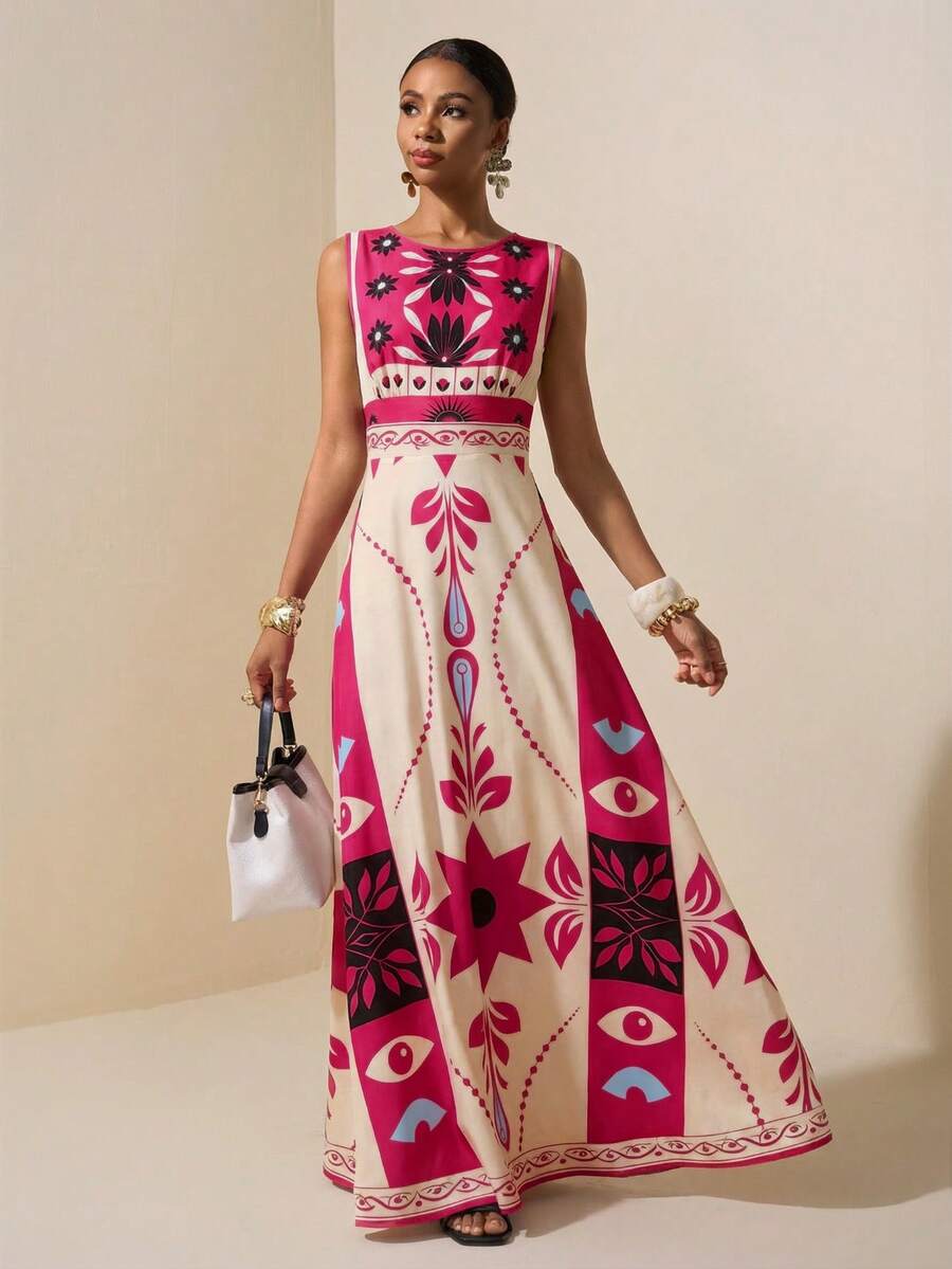 Zivah 新款夏季新款音乐节、复活节、圣帕特里克节、西部风情、游牧风、生日派对、毕业典礼、校园风、学生装、日常休闲、度假、邮轮旅行、海滩、日光浴、爆款、街头风、大码女式热带雨林组合印花无袖A字长裙，女士长款连衣裙，印花长裙，女士无袖长裙，夏季连衣裙，度假连衣裙