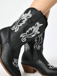 Fairycore Botas Femininas Rosa Estilo Western, Com Bico Fino, Decote Em V E Salto Grosso, Bordado. Tamancos De Salto Baixo, Botas De Montaria E Botas De Cano Curto Para A Primavera. - Linha grossa preta - Ver 4