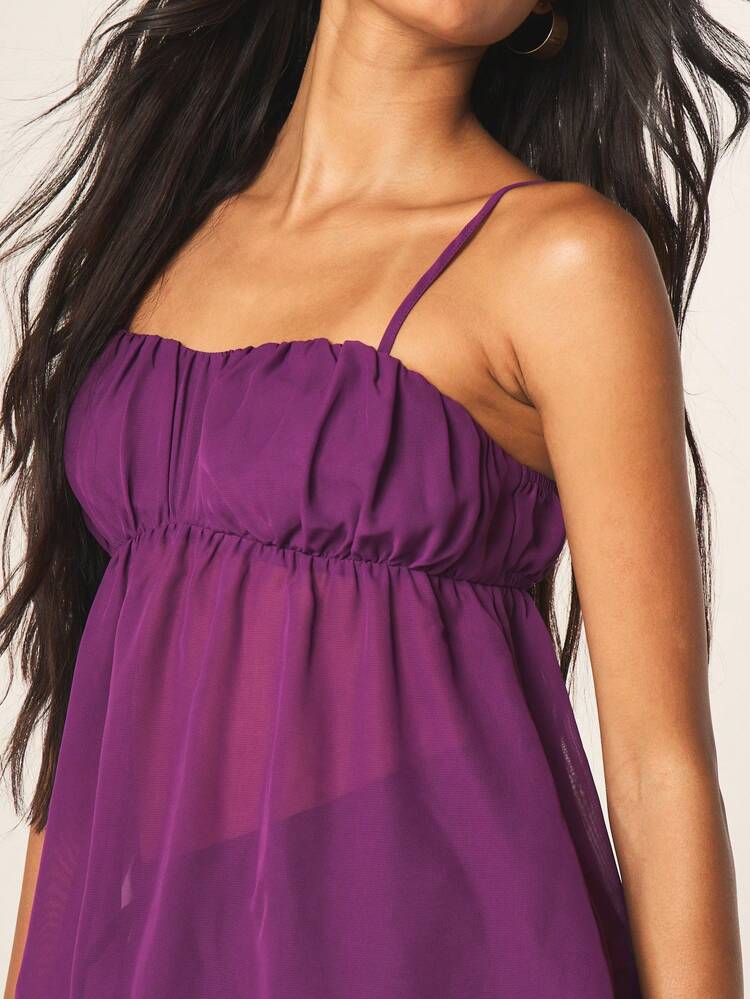 MISSGUIDED Women's Purple Ruched Camisole Top With Thin Straps And Babydoll Fit For Summer Casual Elegant Feminine Style Sleeveless Blouse