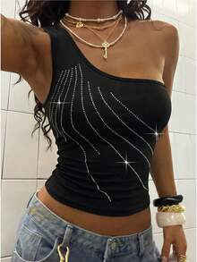 StreetHx Blusa negra de un solo hombro con adornos de strass para mujer - Negro - Ver 4