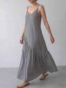 EMERY ROSE Women's Casual Striped Asymmetric Hem Dress, Summer - Black and White - View 7