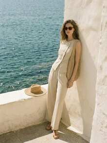 Lumivelle Bộ đồ nữ gồm áo không tay pha vải lanh và quần ống rộng thoải mái, thích hợp cho mùa xuân/hè. - Màu be - Xem 2