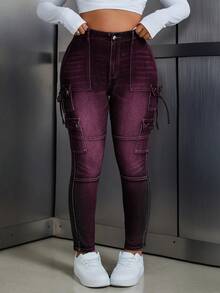 SHEIN ICON 大码女式口袋纽扣打结休闲百搭日常牛仔裤 - 黑色 - 查看 4