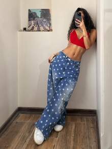 StreetHx Star Print Ombre Slant Pocket Loose Fit Denim Jeans - Blue - View 7