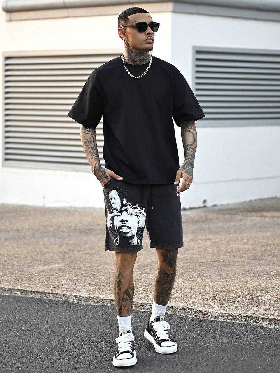 Devon Thys 男士时尚印花冰丝短袖T恤，夏季街头风 - 黑色 - 查看 1