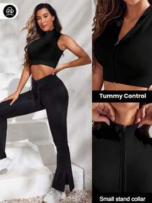 Easithlete Top corto de deportes con cierre tipo cremallera, camiseta ajustada para hacer ejercicio - Negro - Ver 5