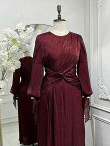 Modelyn Plus Size Women Elegant Spring/Autumn Long Organza Waist Cinched Long Formal Dress - Red - View 4