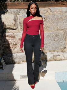 Yess Loren Women's Autumn/Winter Long Sleeve Mesh Asymmetric Collar Gather Slim Fitted Tops - Burgundy - View 6