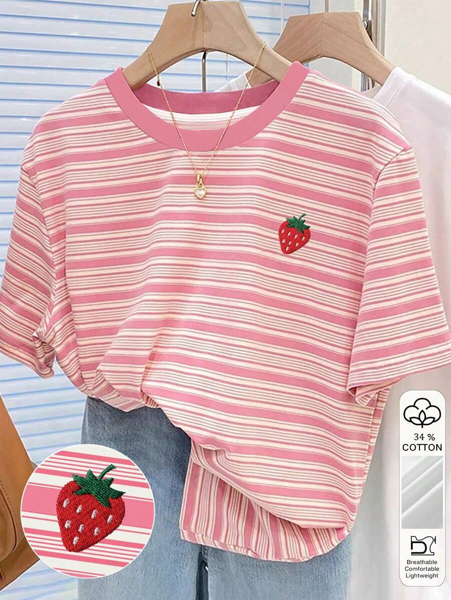 Resyla 粉色条纹数码印花草莓刺绣34%棉休闲圆领短袖T恤，送朋友的礼物 - 彩色 - 查看 1
