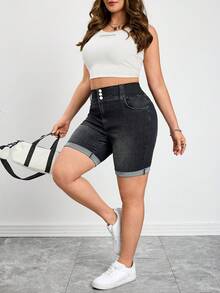 SHEIN CURVE+ 大码水洗高腰修身牛仔短裤，春夏狂欢节服装通勤度假毕业时尚Y2K可爱街头风派对婚礼优雅商务休闲女装高腰黑色牛仔百慕大短裤，带松紧腰带和纽扣细节黑色休闲牛仔短裤，百搭通勤短裤，弹力舒适女式短裤，运动休闲牛仔裤经典卷边牛仔短裤 - 藍色 - 查看 4