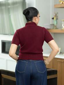 Melissa Matos 女士纯色高领短袖羊毛针织上衣，四季皆宜 - 酒紅色 - 查看 4