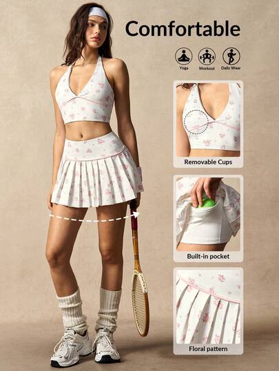 VARSIVA Women's Floral Print Halter Top And Pleated Pocket Mini Skirt Casual Everyday Outdoor Sports Suit