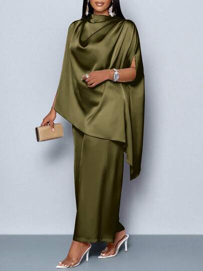 SOLERSUN Women's Fashionable Solid Color Elegant Mock Neck Stylish And Sophisticated Batwing Sleeve Satin Asymmetrical Hem Blouse & Straight-Leg Elegant Long Pants Sets Women's Tall Clothing Women's Work Clothes For The Office