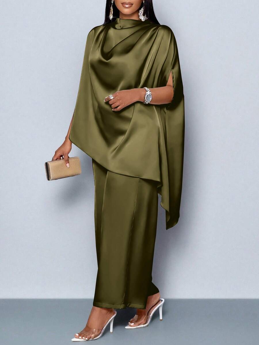 SOLERSUN 女士时尚纯色优雅高领蝙蝠袖缎面不对称下摆上衣搭配直筒优雅长裤套装，适合高个女装和办公室职业装。 - 橄欖綠 - 查看 1