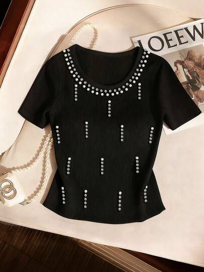 GlowEve CURVE Plus Size Women Casual Short Sleeve Ribbed Rhinestone & Pearl Embellished Fitted T-Shirt