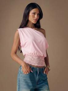 SHEIN BAE Áo kiểu nữ màu đen dệt kim phối ren, vai lệch, thời trang, thích hợp cho mùa Thu/Đông. - Màu Hồng  San hô - Xem 5