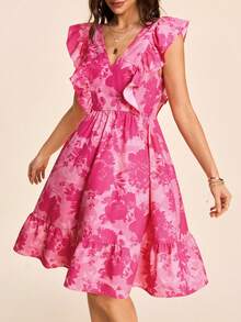 Coeurva Vestido midi con cuello en V, mangas acampanadas y estampado, adecuado para vacaciones de primavera/verano - Rosa - Ver 6