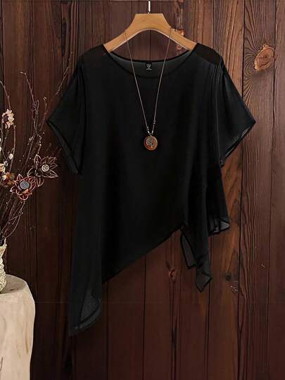 Blusa de verano para mujer talla grande, de cuello redondo, ligera, de corte holgado, con bajo irregular y protección solar, ideal para vacaciones y salidas