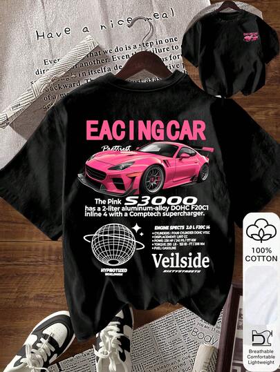 EMERY ROSE Camiseta de manga corta de cuello redondo casual con estampado de letras y coches de carreras para mujer, verano