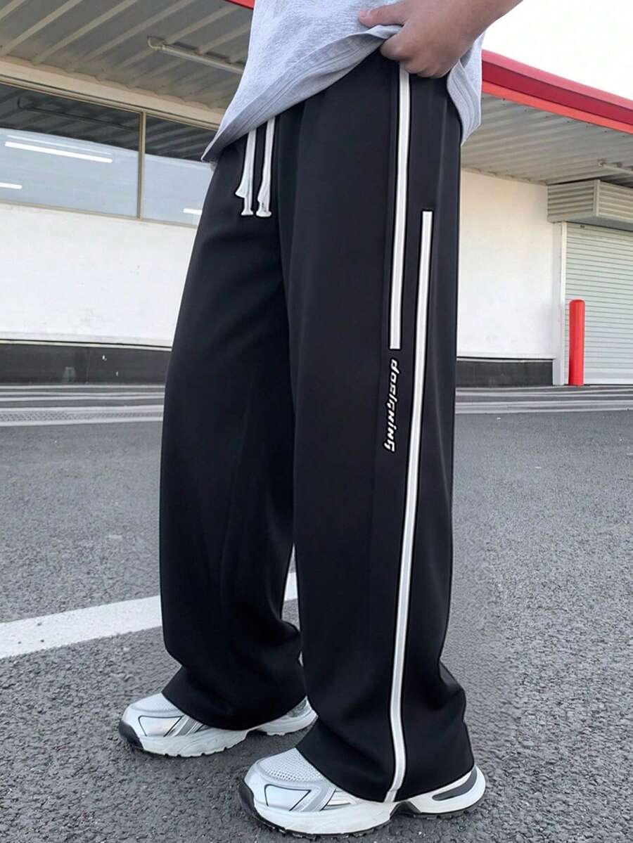 Mirajuku Teenage Boys' Casual Sports Style Letter Tape Splice Straight Leg Pants - Black - View 1