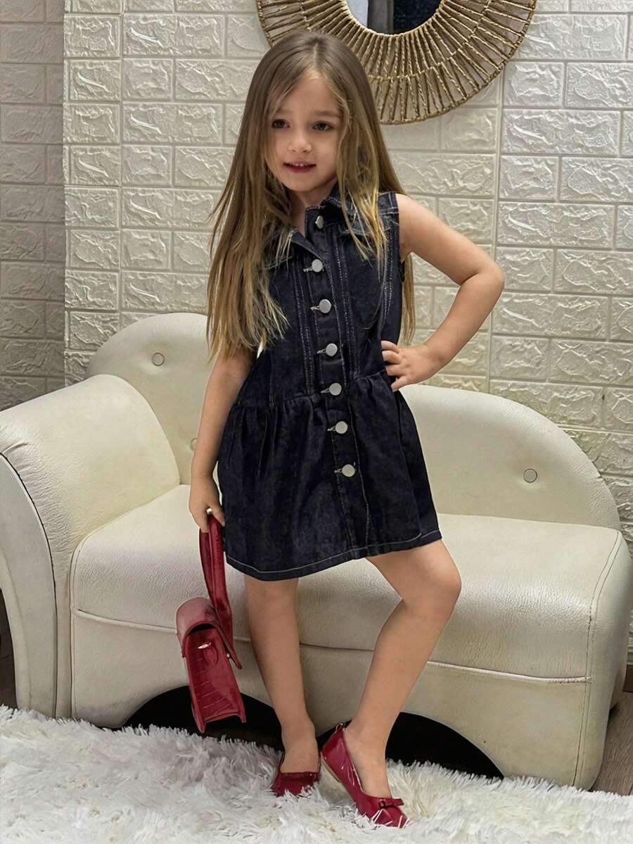 Dazy Kids 女童休闲牛仔无袖翻领连衣裙 - 深色水洗藍 - 查看 1