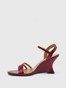CUCCOO SZL 女士夏季系带打结性感漆皮酒红色露趾凉鞋，适合晚宴约会 - 酒紅色 - 查看 4