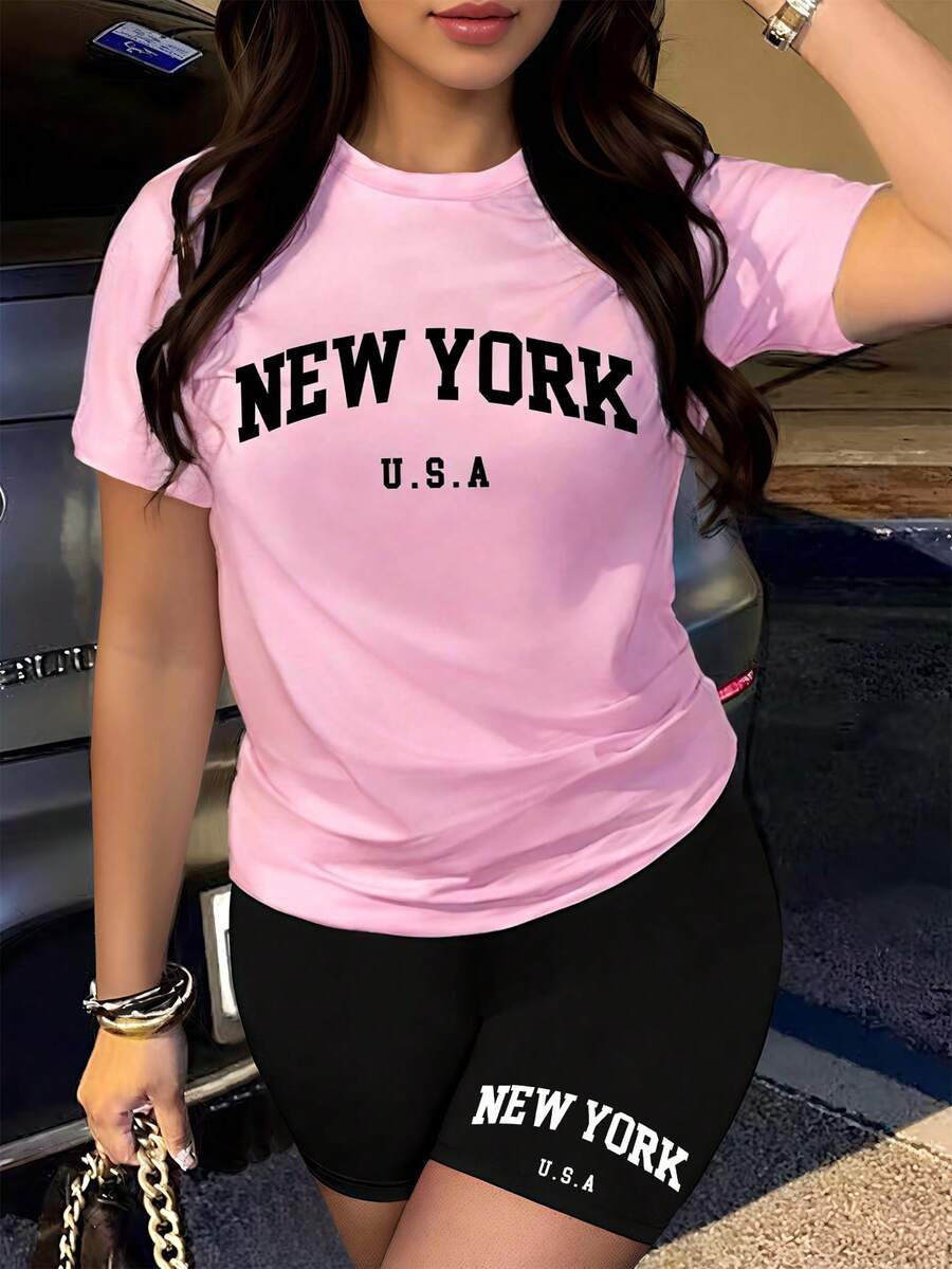 Rovax Conjunto de 2 piezas de camiseta y pantalones cortos casuales con estampado de Nueva York para mujer - Multicolor - Ver 1