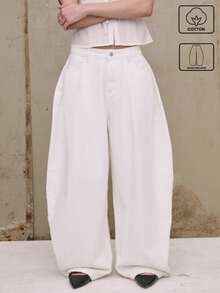 COUREZ Celana Jeans Unisex Wanita Pria Model Y2K Model Barrel Balloon Fit Low Rise Vintage 100% Katun - Putih - View 1